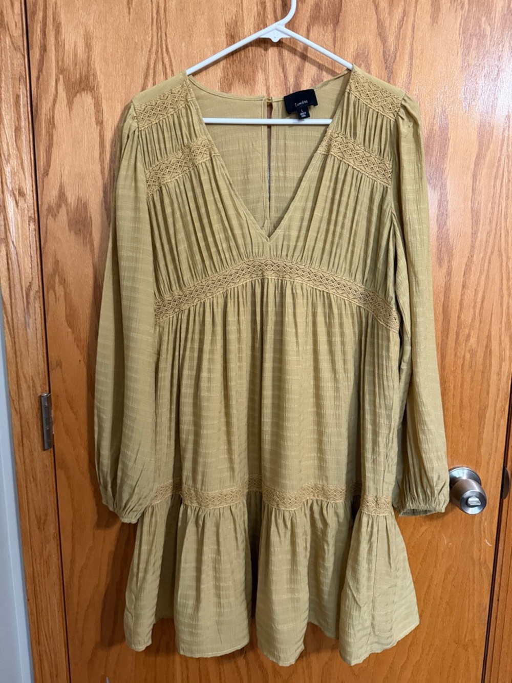 Lumiere Olive-Tan V-Neck Tiered Long-Sleeve Dress